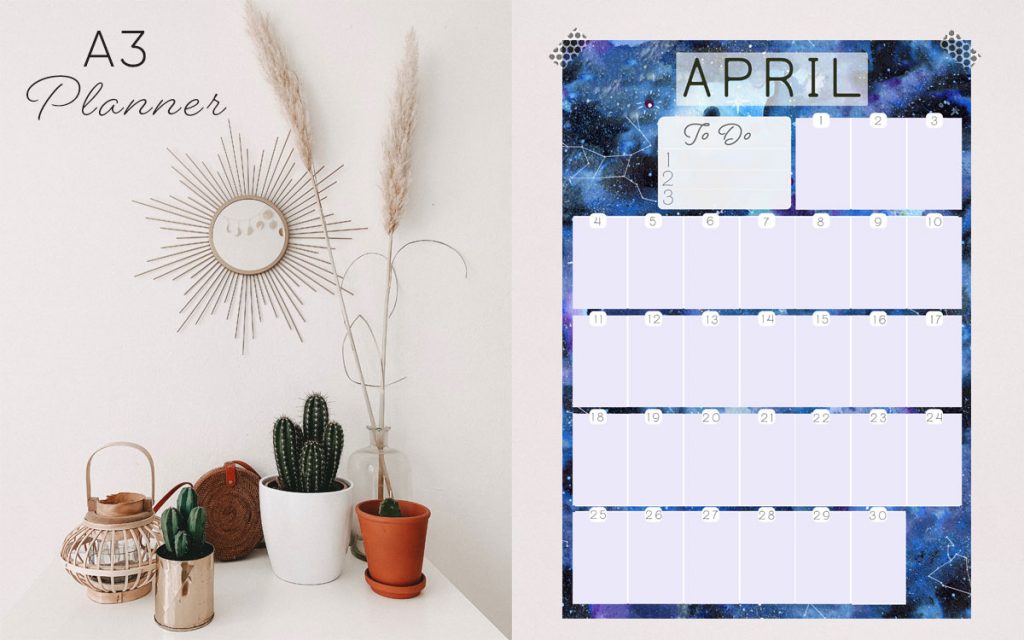 The night Sky in watercolour wallpaper for A3 Planner designed by Jimena Garcia LittlCrow
